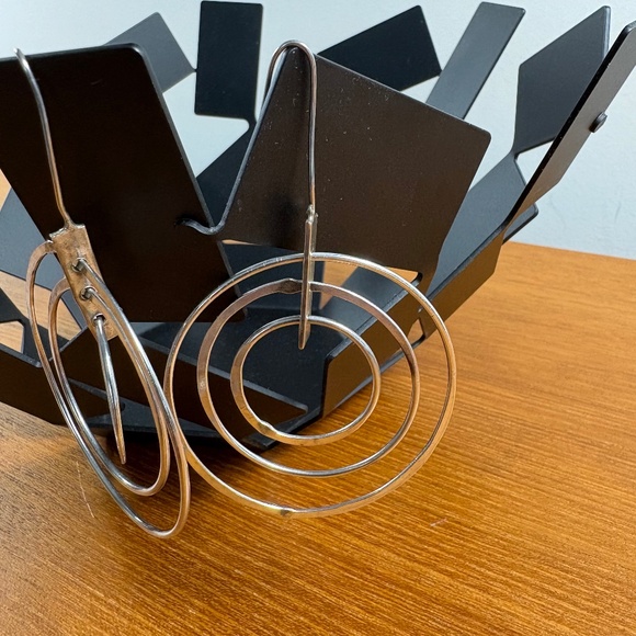 Beautiful Antique Modernist Sterling Silver 3 Spinning Hoops Long Earrings - Picture 4 of 7